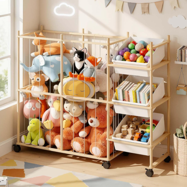 Simple wooden children's toy storage rack with plush storage compartments