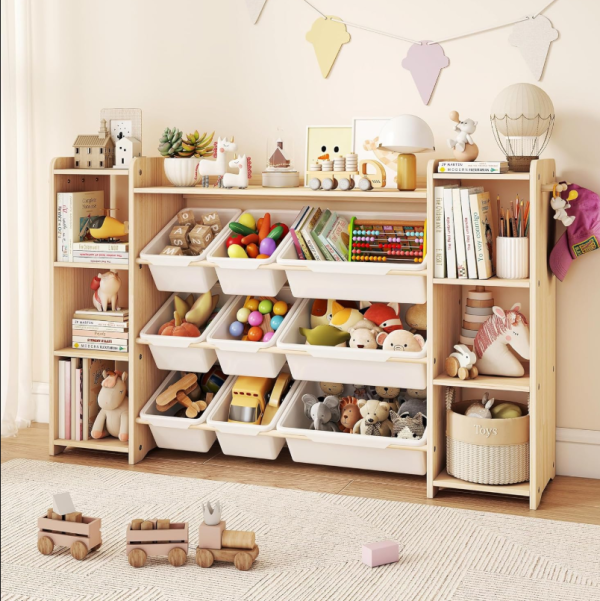 Multifunctional children's toy storage bookshelf with storage hooks