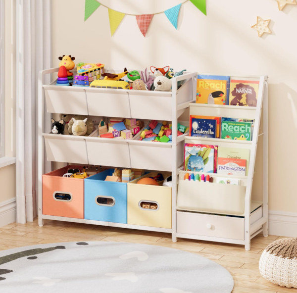 Montessori style children's toy storage bookshelf with partitioned storage rack